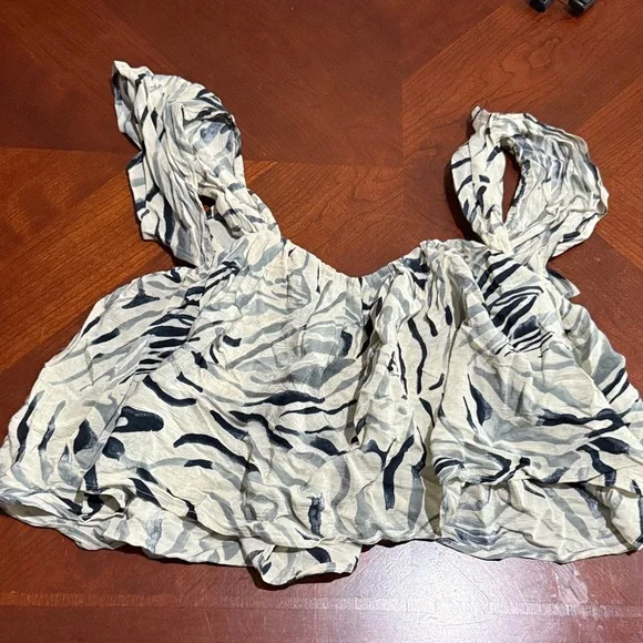 Stone Cold Fox holy tube corset Blue and Cream abstract Print Blouse - Picture 2 of 6